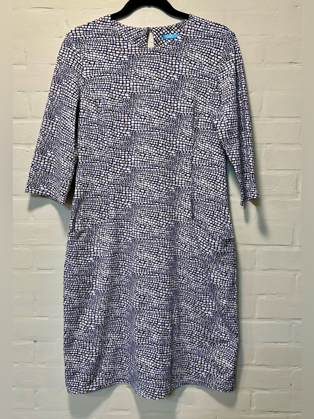 J. McLaughlin Catalyst Dress Navy Tan White Mosaic Print Size L Classic